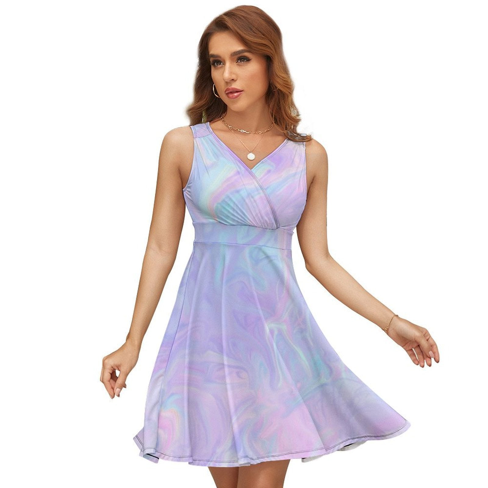 Pink Holographic Pastel Color Sleeveless Dress Women Summer Evening Dresses Ladies Sundress