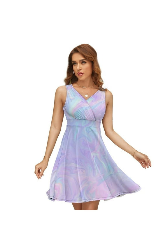 Pink Holographic Pastel Color Sleeveless Dress Women Summer Evening Dresses Ladies Sundress