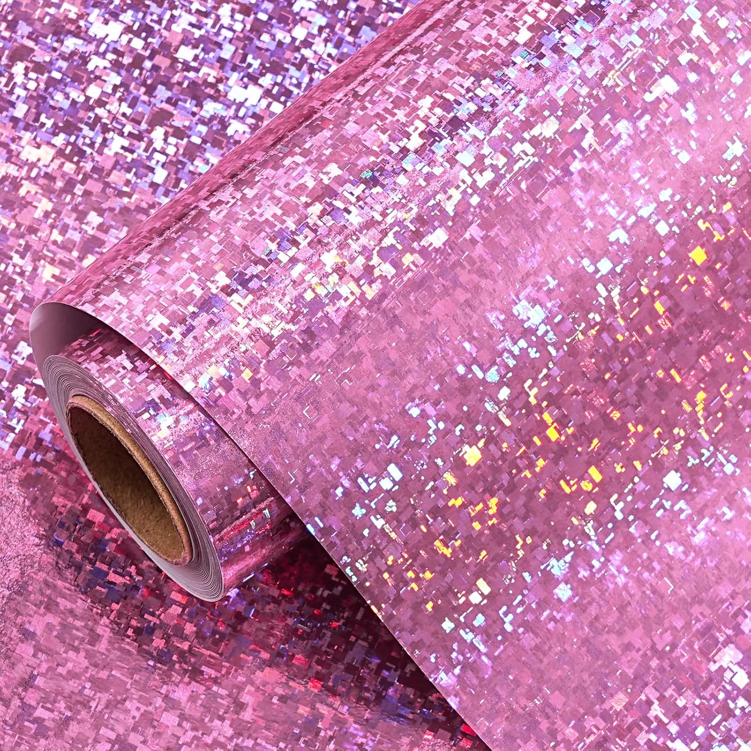 Pink Holographic Wrapping Paper, Metallic Holographic Mosaic Print for Mother's Day, Graduation, Birthday, Valentines, Wedding, Engagement, Baby Shower, Christmas, Mini Roll, 17 IN x 32.8 FT