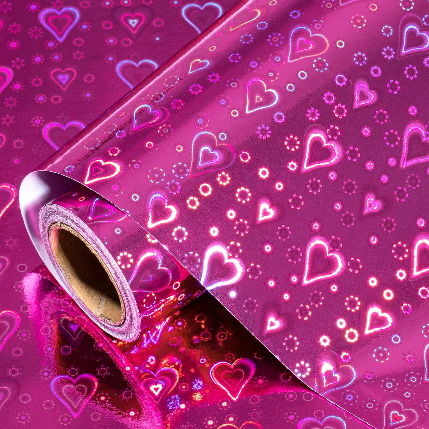 Pink Holographic Wrapping Paper Roll, Shiny Heart Pattern Metallic Foil for Valentines, Wedding, Anniversary, Birthday & Party Celebrations, Mini Roll 17 in x 32.8 ft