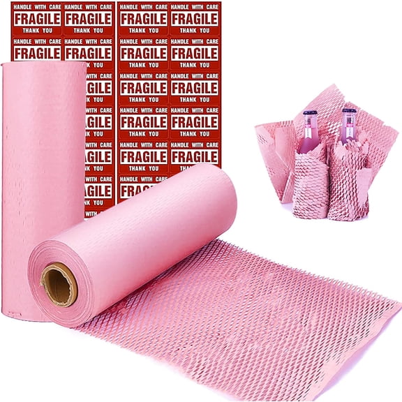Pink Honeycomb Wrapping Paper Wrap 15"x131' Sustainable Alternative to Bubble Wrap for Moving/Transporting/Packaging Rolls with 20 Fragile Stickers Biodegradable and Fully Recyclable