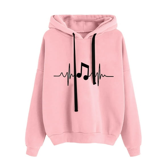Pink Hoodies for Women Ladies Round Neck Long Sleeve Musical Note Print Solid Color Hooded Sweatshirt Fashion Loose Top Fall Tops for Women 2025