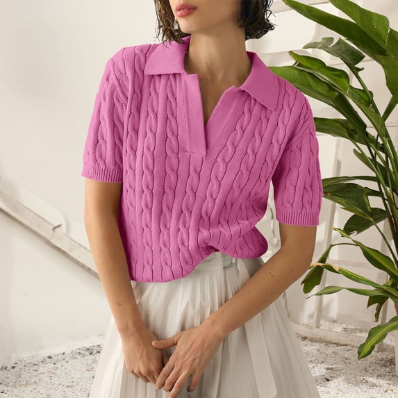 Pink Hoodies for Women's Short Sleeve Solid Lapel V Neck Knit Pullover Sweater Fall Tops for Women 2025