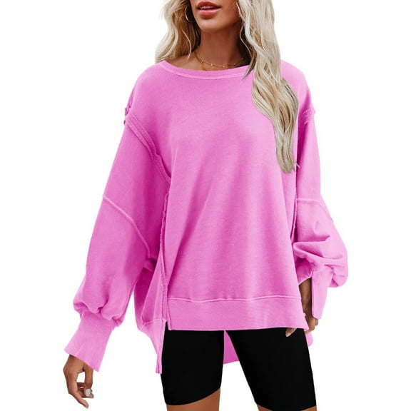 Pink Hoodies for Womens Oversized Crewneck Solid Color Sweatshirt Side Slit Long Sleeve Pullover Slouchy Fit Tops Fall Tops for Women 2025
