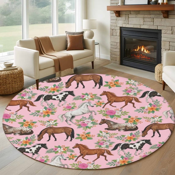 Pink Horse Round Area Rug 8Ft Washable Large Circle Rugs for Living Room Dorm, Rustic Spring Floral Summer Botanical Non-Slip Carpet Floor Mats Indoor Outdoor Carpet Runner Aesthetic Home Decor