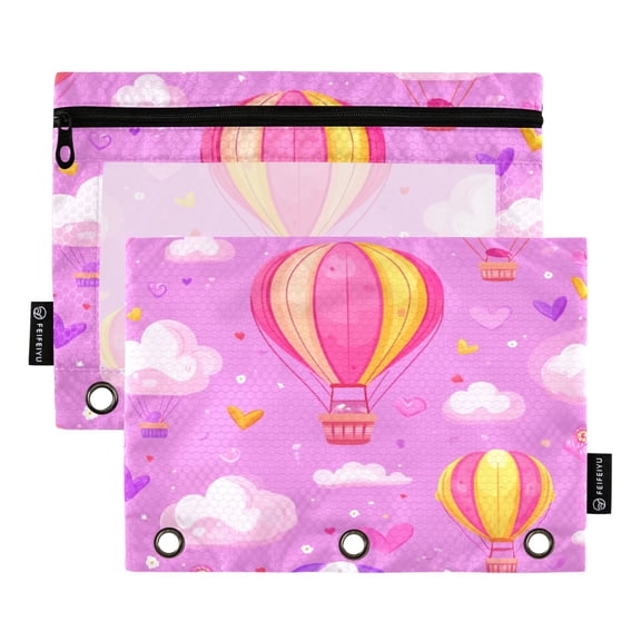 Pink Hot Air Balloon 9.8x7.1in Water Resistant Binder Pouch, 3-Ring Compatible, Transparent Front