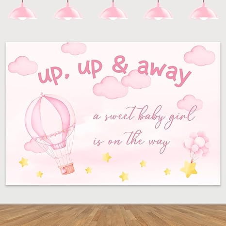 Pink Hot Air Balloon Baby Shower Backdrop, Up Up Away Adventure Decoration Clouds Hot Air Balloon Photography Background Travel Begins Theme Party Decor for Girls Baby Shower Supplies
