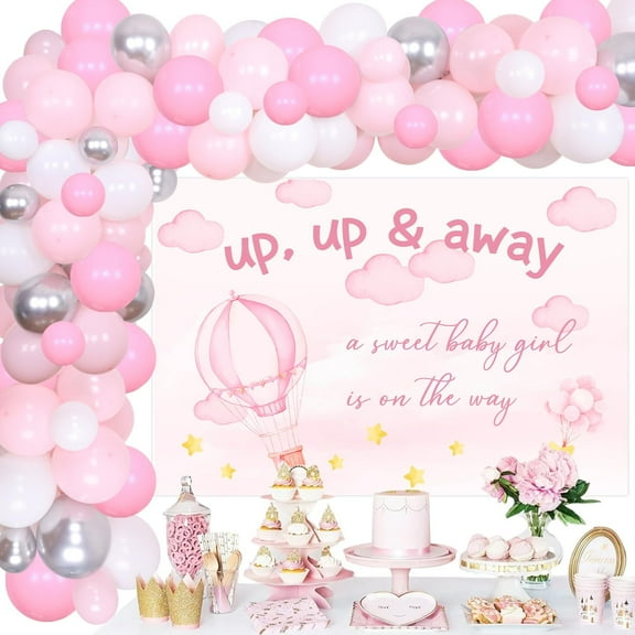 Pink Hot Air Balloon Baby Shower Decorations, Up Up and Away Backdrop Balloons Arch Kit Sky Clouds Travel Begins Photography Background for Girls Adventure Awaits Theme Baby Shower Supplies