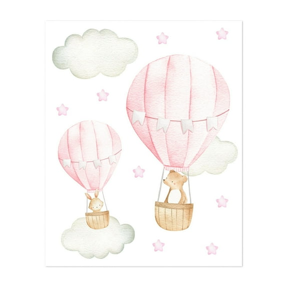 Pink Hot Air Balloon, Bear, Bunny, Forest Animals, Woodland Animals, Girl Nursery - Illustration Watercolor Hot Air Balloon Whimsical Animal Stars Pastel Unframed Wall Art Print 20 x 24 inches