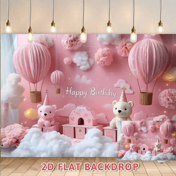 Pink Hot Air Balloon Birthday Backdrop, Birthday Party Photo Booth Decor Background Wall, Indoor Atmosphere Shooting Backdrop for Birthday Celebration