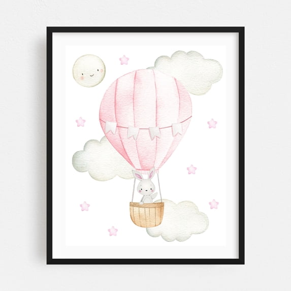 Pink Hot Air Balloon, Bunny, Forest Animals, Woodland Animals, Girl Nursery - Illustration Hot Air Balloon Animal Watercolor Whimsical Pastel Stars Black Framed Wall Art Print 18 x 24 inches