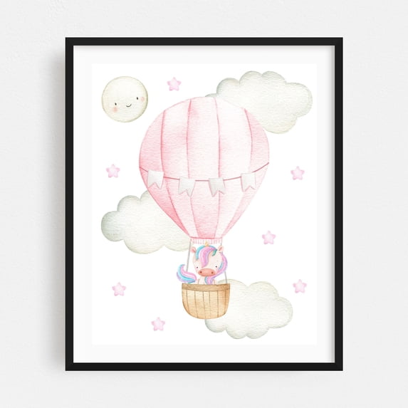Pink Hot Air Balloon, Magic Unicorn, Moon, Stars, Girl Nursery - Illustration Watercolor Whimsical Hot Air Balloon Animal Pastel Fantasy Black Framed Wall Art Print 16 x 20 inches