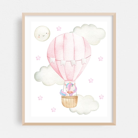 Pink Hot Air Balloon, Magic Unicorn, Moon, Stars, Girl Nursery - Illustration Watercolor Whimsical Hot Air Balloon Animal Pastel Fantasy Oak Framed Wall Art Print 8 x 10 inches