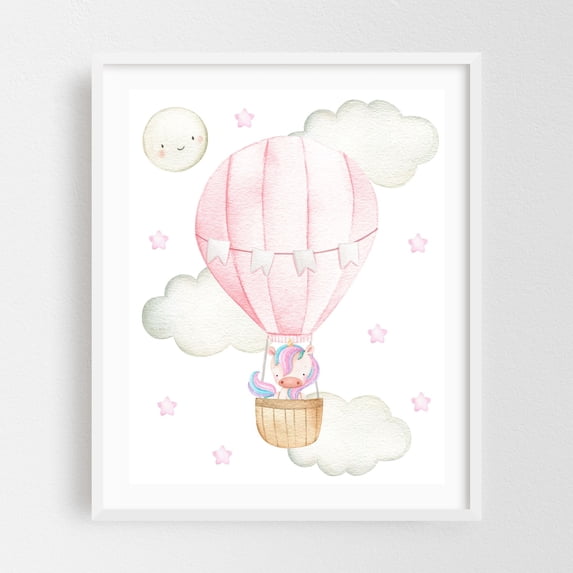 Pink Hot Air Balloon, Magic Unicorn, Moon, Stars, Girl Nursery - Illustration Watercolor Whimsical Hot Air Balloon Animal Pastel Fantasy White Framed Wall Art Print 18 x 24 inches
