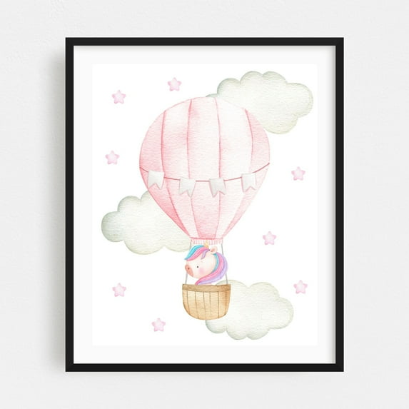Pink Hot Air Balloon, Magic Unicorn, Stars, Girl Nursery - Illustration Hot Air Balloon Watercolor Whimsical Animal Stars Pastel Black Framed Wall Art Print 6 x 8 inches