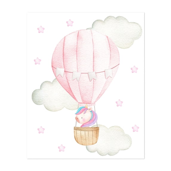 Pink Hot Air Balloon, Magic Unicorn, Stars, Girl Nursery - Illustration Hot Air Balloon Watercolor Whimsical Animal Stars Pastel Unframed Wall Art Print 22 x 28 inches