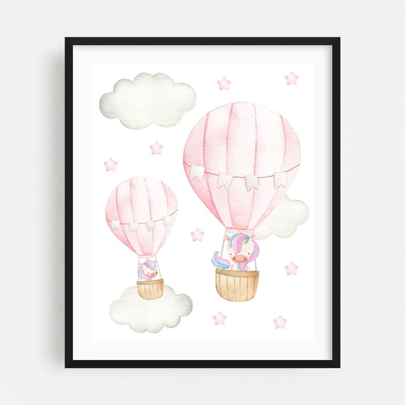 Pink Hot Air Balloon, Magic Unicorn, Stars, Girl Nursery - Illustration Hot Air Balloon Watercolor Whimsical Pastel Fantasy Black Framed Wall Art Print 18 x 24 inches
