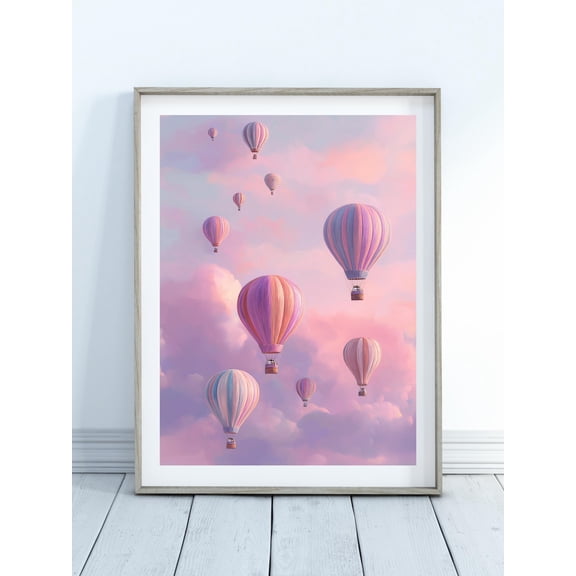 Pink Hot Air Balloons Poster-Pastel Sunset, Whimsical Hot Air Balloon Poster, Playroom Posters, Colourful Girls Bedroom Posters, Unframed Poster Size 12x18