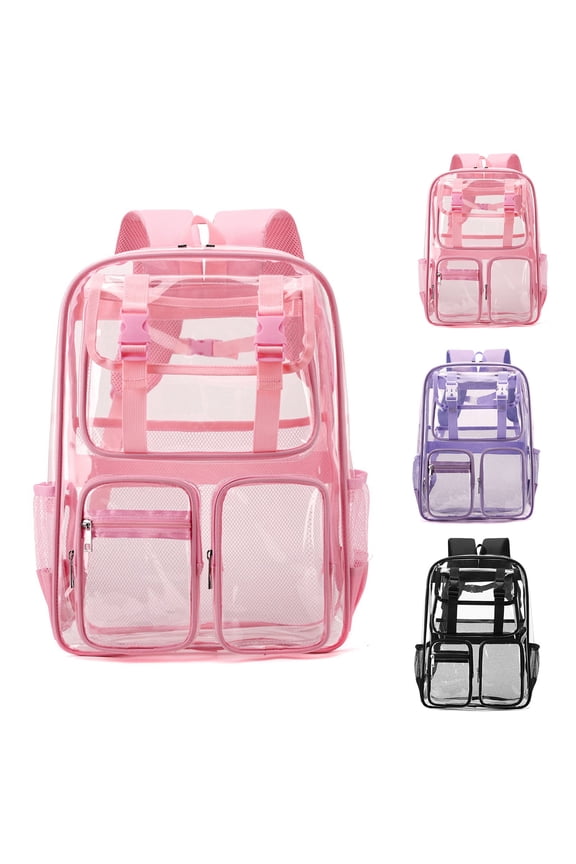 Pink Hot Sales Clear Backpack Transparent Bookbag Multiple Front Compartment Pockets Adjustable Strap Side Mesh Pockets See Through Backpack for School Concert Sports Travel Women Teens