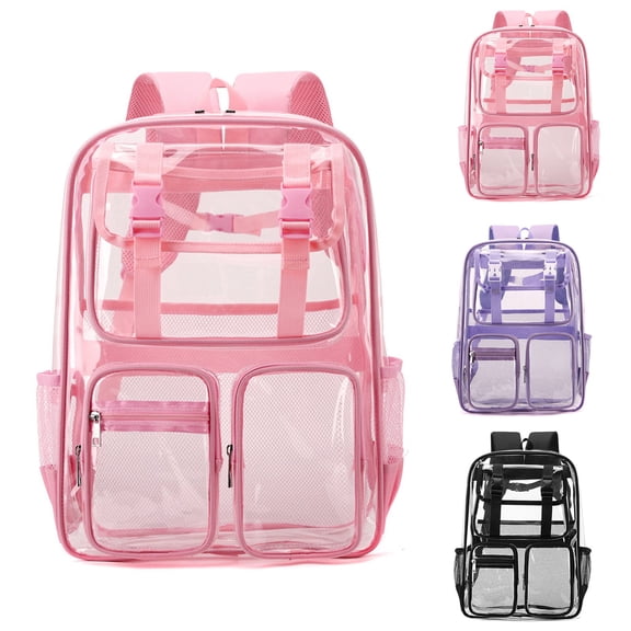 Pink Hot Sales Clear Backpack Transparent Bookbag Multiple Front Compartment Pockets Adjustable Strap Side Mesh Pockets See Through Backpack for School Concert Sports Travel Women Teens