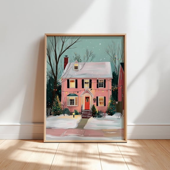 Pink House Art Poster, Festive Winter Home Decor, Unframed Poster Size 8x12