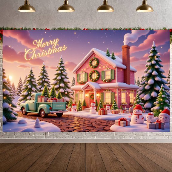 Pink House Design Christmas Banner Snowy Scene Holiday Display Gift Boxes Wreath Decor Festive Backdrop for Christmas Party Home Decoration Holiday Celebration