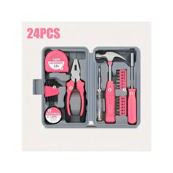 Pink Household Tool Set 24 Piece Home Tool Kit for Women and Students General Household Repair Hand Tool Box for Dorm Office Garage and DIY Crafts Home Improvement Kit