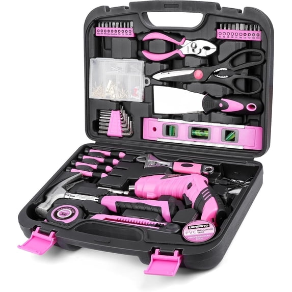 URASISTO Pink 136 PCS Household Tool Kit with 3.6V USB Electric Screwdriver and Cordless Drill Driver