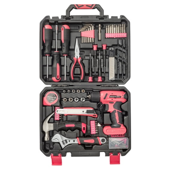 Pink Household Tool Set with 8V cordless drill with built-in LED lighting, 146 PCS Home Tool Kit with Portable Case, Hand Tool Kits for Women