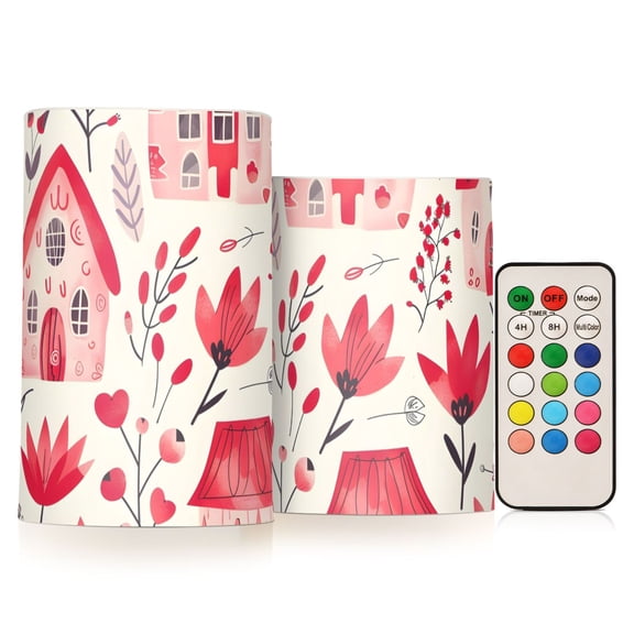 Pink Houses Flowers Flameless CandlesLED Lights Battery Operated Candles with Remote and Timers Flicker Lights Votive Set of 2