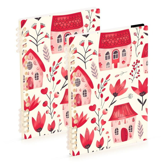 Pink Houses Flowers Ring Binder Notebook Journey Note Diary College Ruled Spiral Notebook Study Loose Leaf Paper A5 60 Pages