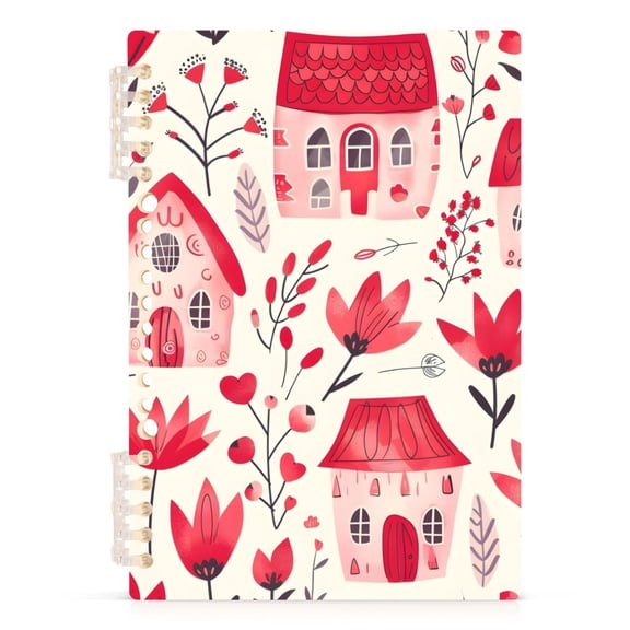 Pink Houses Flowers Ring Binder Notebook Journey Note Diary College Ruled Spiral Notebook Study Loose Leaf Paper A5 60 Pages