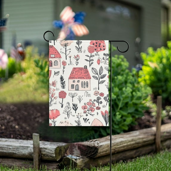 Pink Houses and Flowers Garden Flag Double Sided Outdoor Banners for Courtyard Outdoor Lawn Farmhouse Holiday Decorations