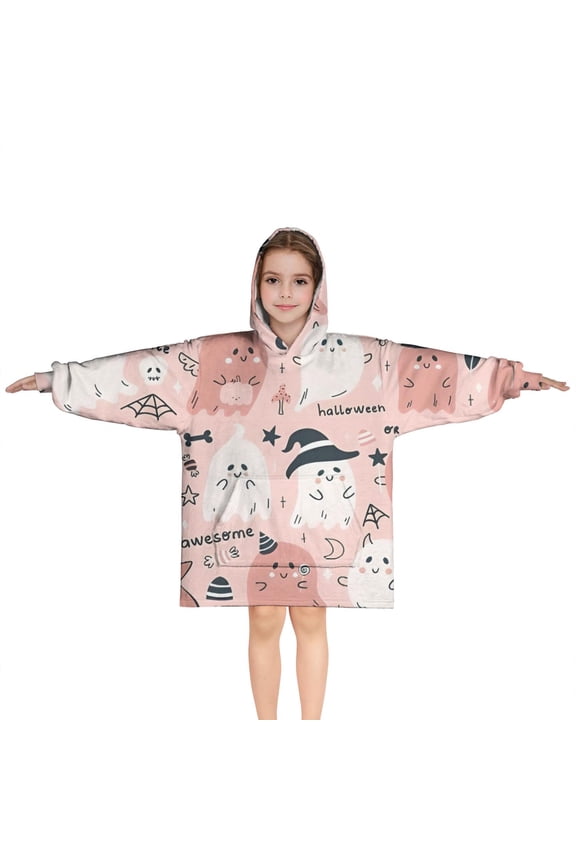 Pink Hued Cute Halloween Ghosts Pattern Blanket Hoodies for Kids 6-13YR Oversize Wearable Blanket Hoodies for Boys Girls Teens