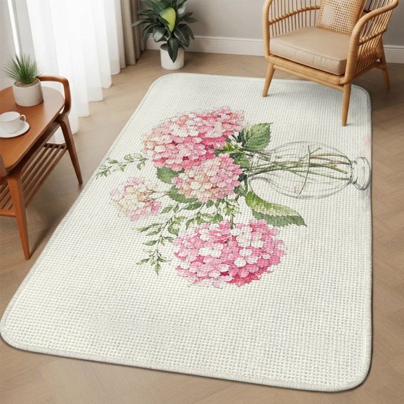 Pink Hydrangea Blossom Washable Area Rugs for Living Room Bedroom, Large Non Slip Indoor Floor Carpet Absorbent Low Pile Farmhouse Pastoral Flowers Door Mat Rugs for Bathroom Entryway 63"x90.6"