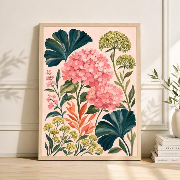 Pink Hydrangea Botanical Wall Art Print, Unframed Paper Poster 8x10in