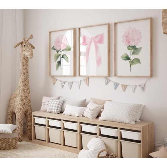 Pink Hydrangea Bow Nursery Baby Girl Room Decor Set 3 Unframed Paper Print 8x12