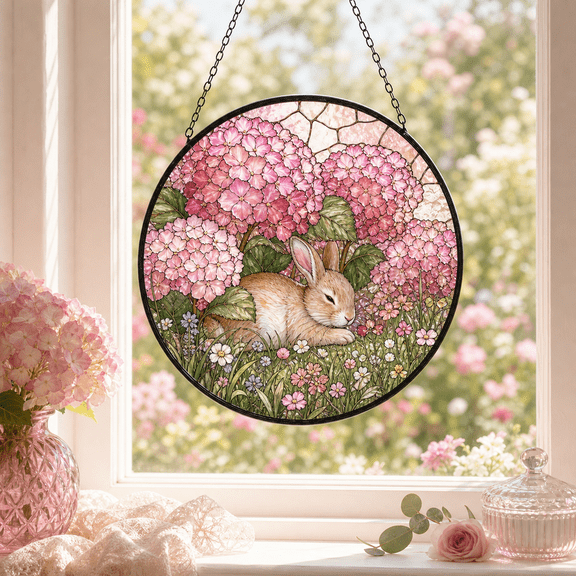 Pink Hydrangea Bunny Stained Glass Suncatcher, Spring Window Hanging Gift