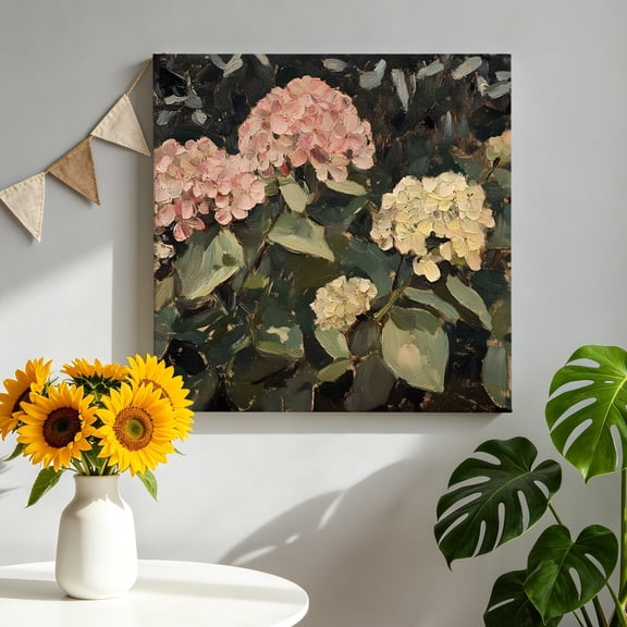 Pink Hydrangea Canvas Wall Art for Living Room, Garden Blossoms Floral Botanical Wall Decor Framed Artwork Pictures Ready to Hang for Bedroom Office Home Decor 12x12 Inch
