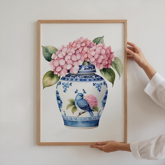 Pink Hydrangea Chinoiserie Art Print, Floral Home Decor Home Decor #2696, Unframed Canvas Size 8x12