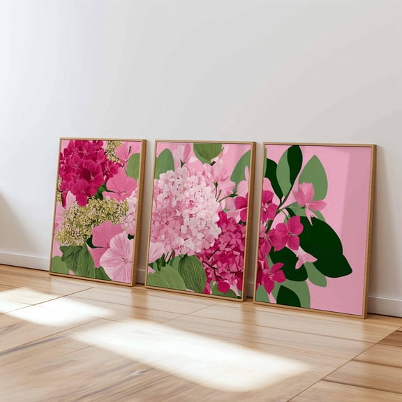 Pink Hydrangea Floral Modern Botanical Wall Decor Art Set 3 Unframed Paper Print 8x12