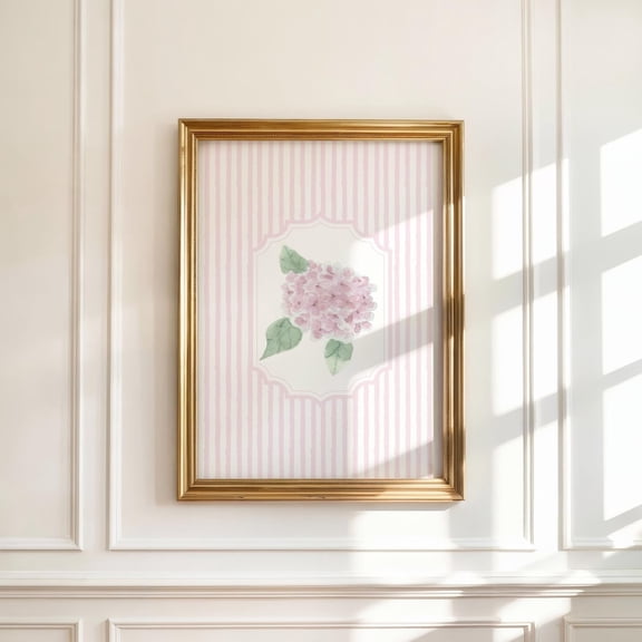 Pink Hydrangea Floral Wall Art Striped Feminine Bedroom Decor UNFRAMED PAPER POSTER