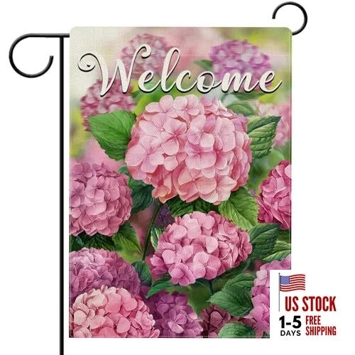 Pink Hydrangea Welcome Garden Flag Double Sided Spring Summer Outdoor Yard Decoration Seasonal Home Patio Decor Mother's Day
