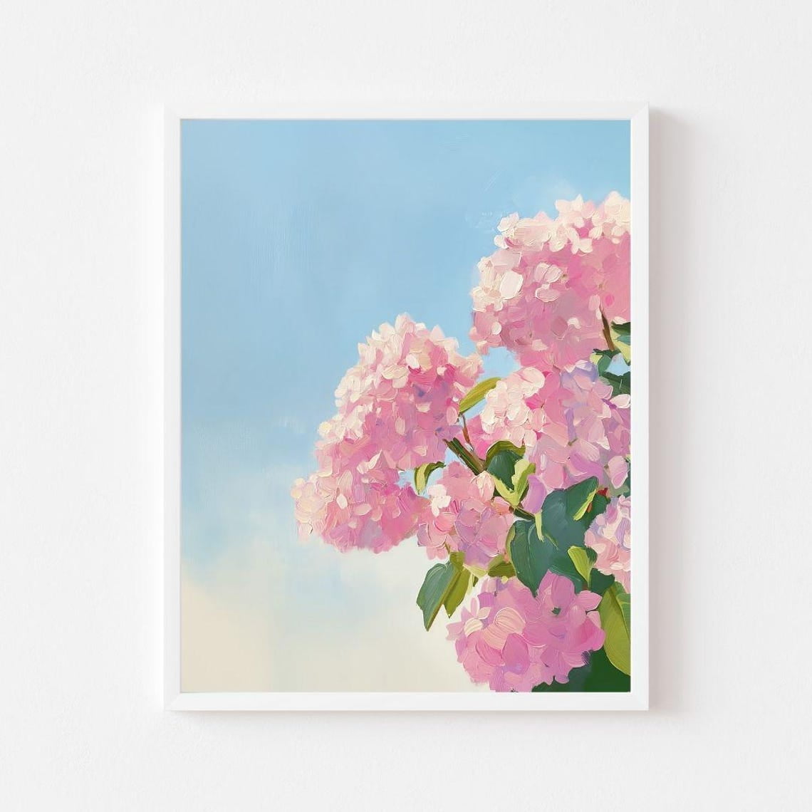 Photo inspiration: Picture Idea: Pink Hydrangeas And Blue Sky Painting Pastel Flower Bush Wall