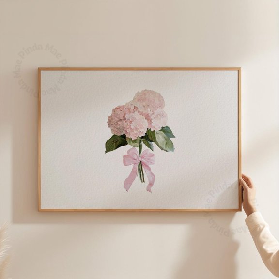 Pink Hydrangeas Bow Wall Art Print, Unframed Paper Poster 8x10in