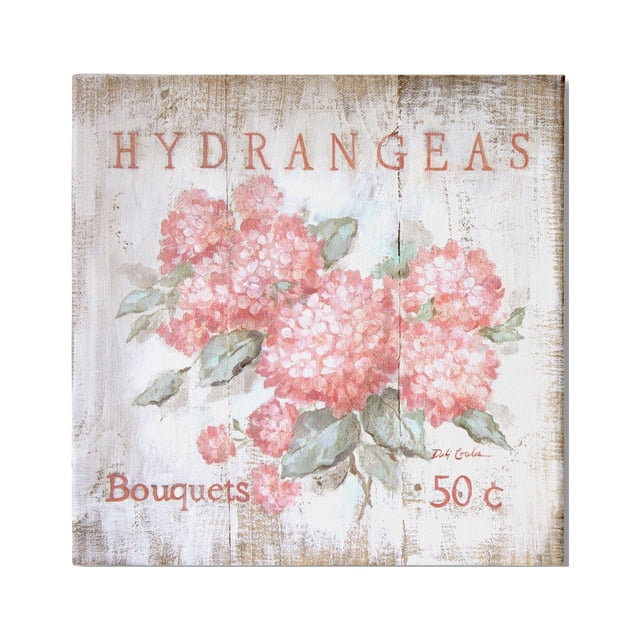 Pink Hydrangeas Florals Vintage Farmhouse Advertisement Flower Bouquets 36 in x 36 in Painting Canvas Art Print, by Stupell Home Décor
