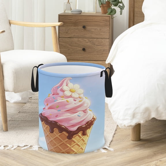 Pink Ice Cream Laundry Basket Hamper for Boys Girls Kids Adults, Foldable Waterproof Oxford Clothes Storage Bin Pink Ice Cream Food Organizer for Bedroom Bathroom Room Decor 19.7"x15.8"