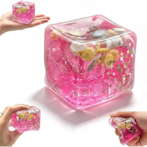 Pink Ice Cube Squishy Squeeze Ball, Transparent Gel Filled with Marine Shells, Slow Rising Anxiety Relief Toy for Work & Travel (1PCS)