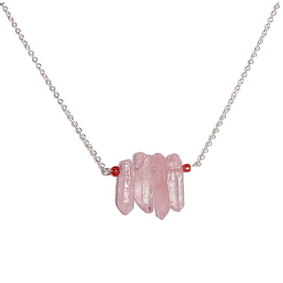 Pink Ice Flake Quartz Bar Pendant Necklace with Red Beads