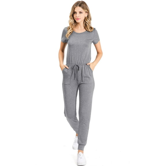 Pink Ice Women's Juniors Stretchy Short Sleeve Slim Fit Jumpsuit USA Made (Blue Grey, L)